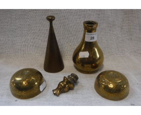 A BENARES BRASS ENGRAVED FLASK with screw in lid and similar metalware