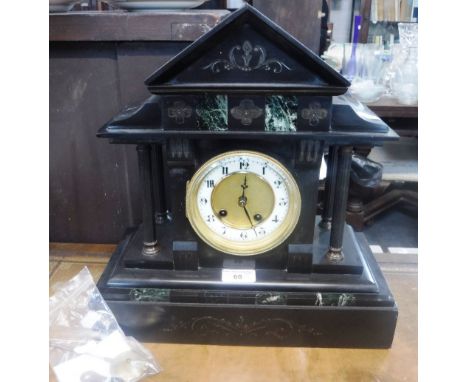 A 19TH CENTURY SLATE CASED MANTEL CLOCK of architectural design (key and pendulum in office)