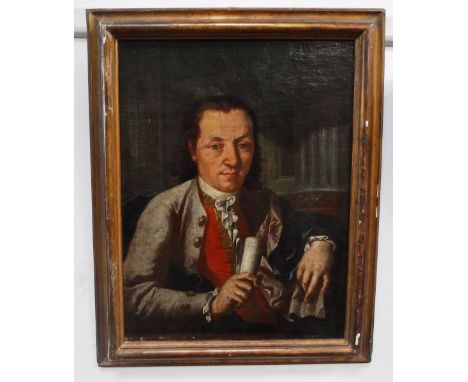 CONTINENTAL SCHOOL, 18th century A half-length portrait of a young man holding a scroll of paper, oil on canvas