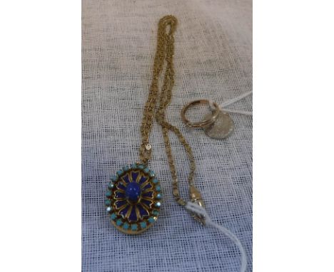 A BLUE GLASS AND ENAMEL GILT LOCKET and chain, a cubic zirconia solitaire ring and a threepenny   piece 