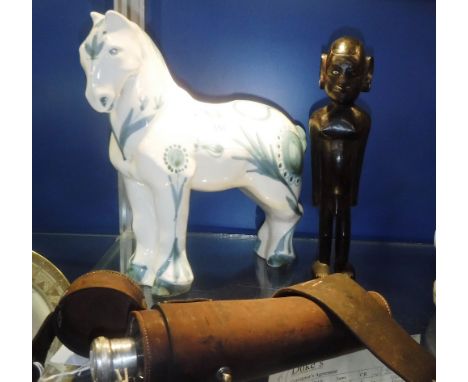 A DAVID SHARP RYE POTTERY MODEL OF A CERAMIC HORSE, a hip flask in leather case and a tribal figure