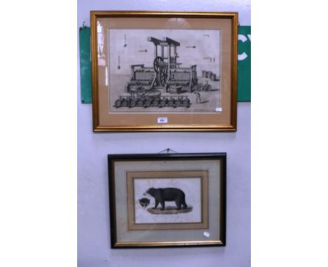 AN 18TH CENTURY ENGRAVING OF A LARGE MANUALLY OPERATED PRESS and a 19th century lithograph of a bear