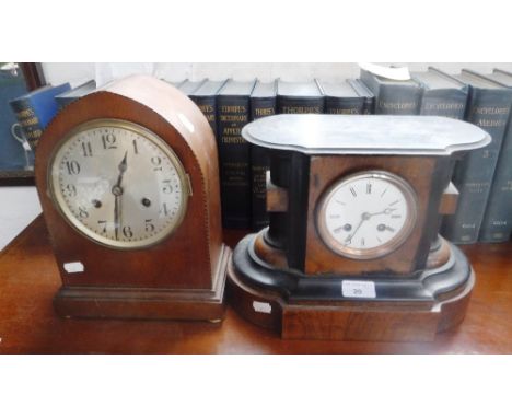 A VICTORIAN BURR WALNUT AND EBONISED CASED MANTEL CLOCK and an Edwardian mahogany cased example (2)