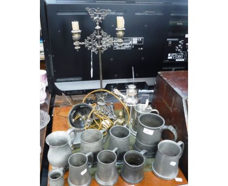 A COLLECTION OF PEWTER TANKARDS, a 19th century adjustable brass candlestick and similar metal ware