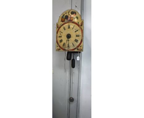 A 19TH CENTURY BLACK FOREST WALL CLOCK, with painted arch dial
