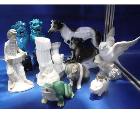 A COLLECTION OF CERAMIC ORNAMENTS including a Sitzendorf ornament of two Greyhounds