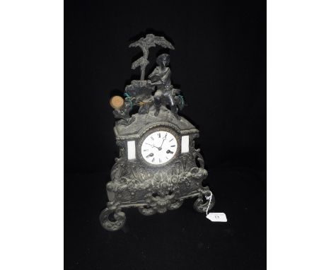 A 19TH CENTURY FRENCH SPELTER CASED MANTEL CLOCK, the enamel face inscribed 'Hry MARC A PARIS' (pendulum in office)