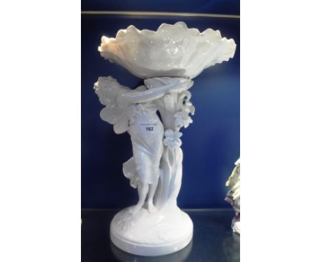 A SPODE CERAMIC COMPORT with flared dish on stand, flanked by a winged maiden