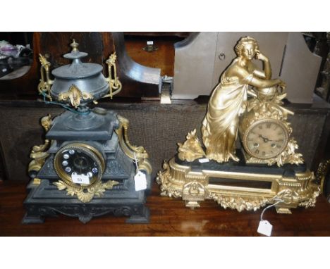 A 19TH CENTURY FRENCH SPELTER MANTEL CLOCK, with gilt decoration, and another similar