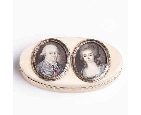FINE EIGHTEENTH CENTURY IVORY PATCH BOX the lid set with two oval portrait miniatures depicting a lady and gentleman in perio