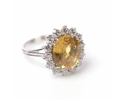 YELLOW SAPPHIRE AND DIAMOND CLUSTER RING
the round yellow sapphire approximately 5.8 carats, surrounded by a row of diamonds 