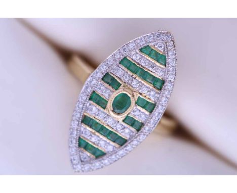 ART DECO STYLE EMERALD AND DIAMOND CLUSTER RING
of marquise form, set with a central oval emerald, and with alternating rows 