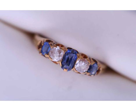 SAPPHIRE AND DIAMOND FIVE STONE RING
set with three oval sapphires spaced by two old cut diamonds, in gold, marks worn, size 