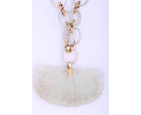 JADE PENDANT AND NECKLACE
the pendant carved and pierced in the form of a butterfly and on a chain formed with circular links