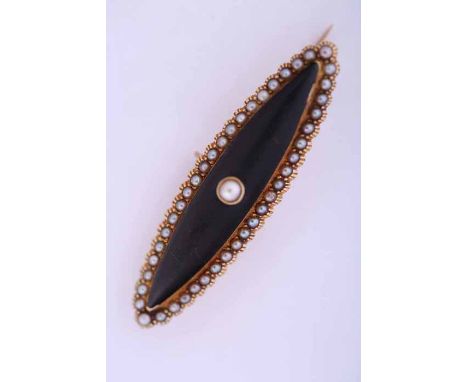 FIFTEEN CARAT GOLD VICTORIAN PEARL AND ENAMEL MOURNING BROOCH
of marquise form, the section of black enamel with central seed