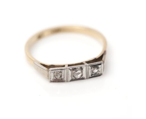 ART DECO STYLE DIAMOND THREE STONE RING
the rectangular setting with three graduated faceted diamonds, in eighteen carat gold