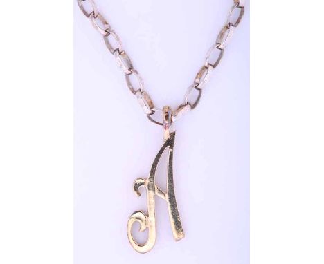 NINE CARAT GOLD PENDANT
modelled as the letter A, hallmarked nine carat gold, on an unmarked chain,  46cm; together with a ni