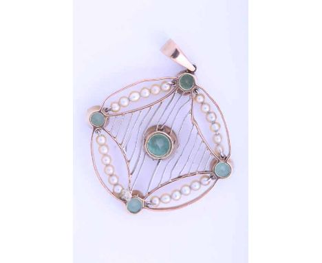 EARLY TWENTIETH CENTURY PERIDOT AND SEED PEARL PENDANT of pierced circular form, with a central round amethyst, flanked by fo