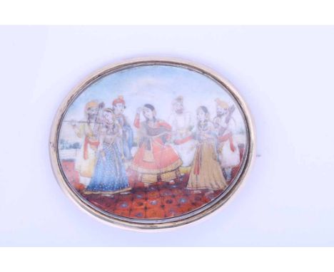 FINE MINIATURE PORTRAIT BROOCH
hand painted with an Indian scene, in silver, 65mm across, inscribed on the reverse 'Sir W. Sc