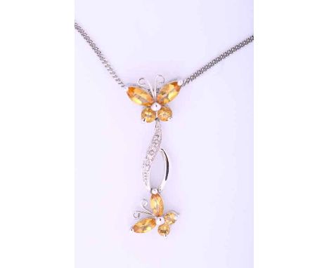 YELLOW SAPPHIRE AND DIAMOND BUTTERFLY PENDANT
the butterfly motif drop set with marquise and brilliant cut yellow sapphires, 