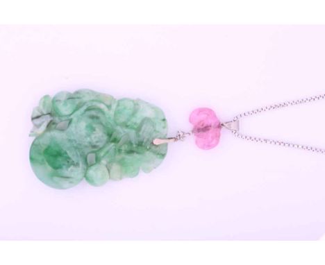 JADEITE JADE AND TOURMALINE PENDANT ON CHAIN
the carved, pierced and polished flat tapered rectangular mottled green stone se