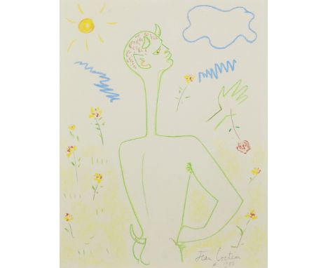 JEAN COCTEAU (1889-1963)Faune aux fleurs signed and dated 'Jean Cocteau 1957' (lower right)wax crayon and pastel on paper42 x