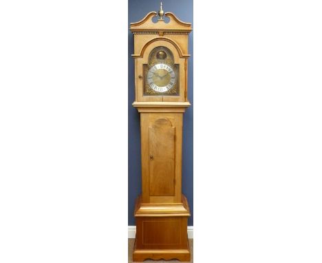 20th century hand made mahogany longcase clock, with swan neck pediment and dentil cornice enclosed by lead glazed door, eigh