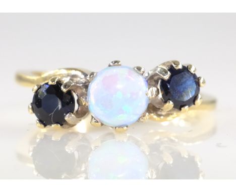 Three stone sapphire and opal gold ring hallmarked 9ct   Condition Report   Click here for further images, condition, auction