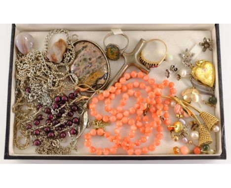 Coral bead necklace and ear-rings, silver cross pendant, opal stick pin, gold, silver and costume jewellery    Condition Repo