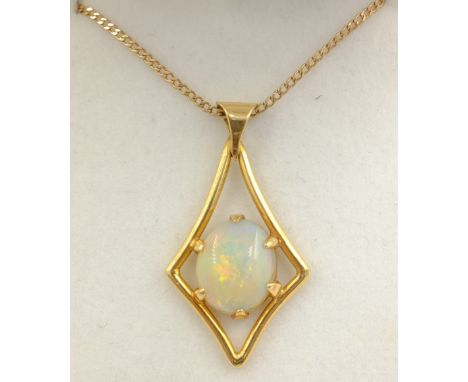 18ct gold opal pendant on 9ct gold necklace hallmarked    Condition Report  opal pendant = approx 3.7gm, necklace = approx 1.