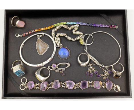 Ortak silver amethyst brooch by Malcolm Gray, silver stone set jewellery including amethyst bracelet, smoky quartz ring all h