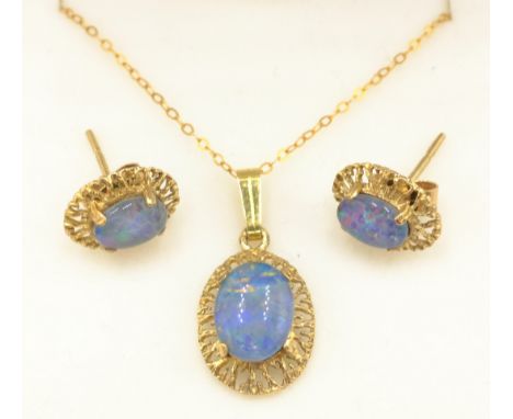 Opal doublet pendant necklace and matching ear-rings hallmarked 9ct   Condition Report  Approx 3gm gross Click here for furth