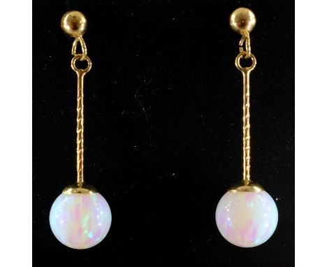 Pair of 9ct gold pendant opal ear-rings stamped 375   Condition Report   Click here for further images, condition, auction ti