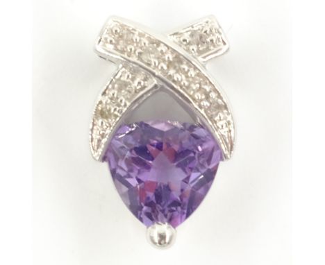 White gold diamond and amethyst pendant stamped 375   Condition Report   Click here for further images, condition, auction ti