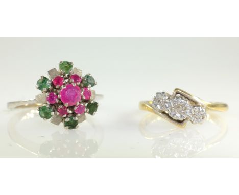 Three stone diamond ring stamped 18ct plat and a ruby and white gold emerald cluster ring tested to 9ct Condition Report Thre