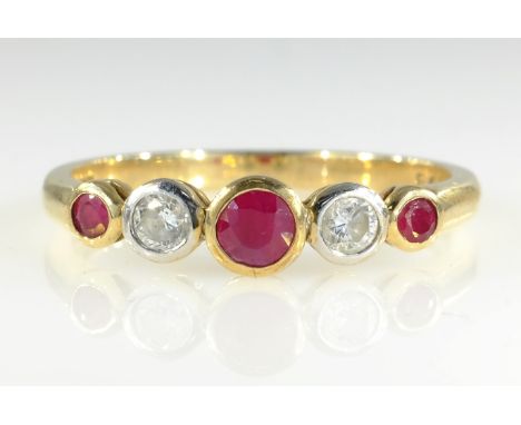 Five stone ruby and diamond bezel set gold ring hallmarked 9ct   Condition Report  Approx 2gm size P Click here for further i