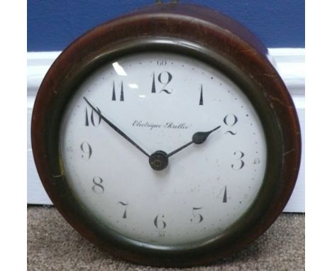 Small Electrique Brillie France, mahogany cased wall clock with circular white enamel dial, D15.5cm   Condition Report   Clic