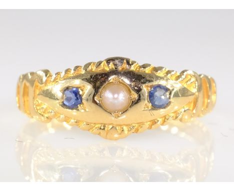 Edwardian 18ct gold sapphire and seed pearl ring Birmingham 1901   Condition Report  Approx 2gm size R-S Click here for furth