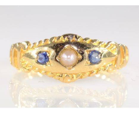 Edwardian 18ct gold sapphire and seed pearl ring Birmingham 1901   Condition Report  Approx 2gm size R-S Click here for furth