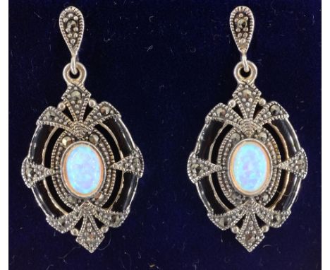 Pair of opal, black onyx and marcasite silver ear-rings stamped 925   Condition Report   Click here for further images, condi