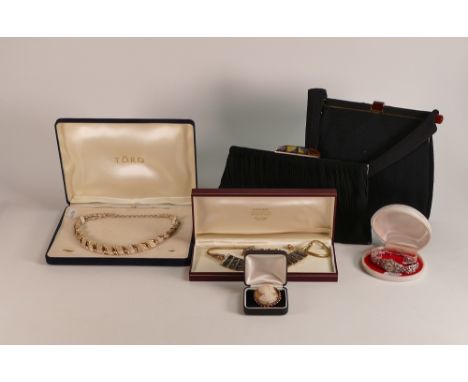 Ladies vintage Evening bag, clutch bag, costume jewellery necklaces, cameo brooch and Kered cocktail watch. (6)