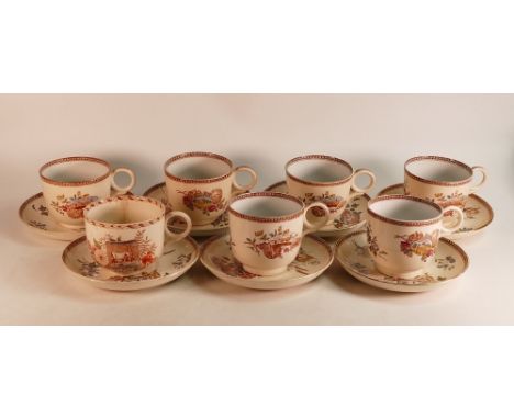 Seven J. F. Wileman Mammoth cups and caucers. Depicting the 'Four Seasons' pattern. Damages noted (14 pieces in total)
