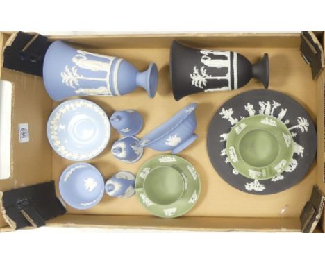 Wedgwood Jasper Ware Including Black Jasper Vase 18cm Tall, Black Plate 23cm Dia, Powder Blue Jasper Vase 18cm Tall, Three Be