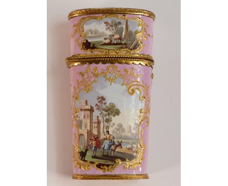 18th century Bilston enamel and gilt Etui with partial contents. Decorated with Fond Rose enamel and gilt Rococo cartouche co