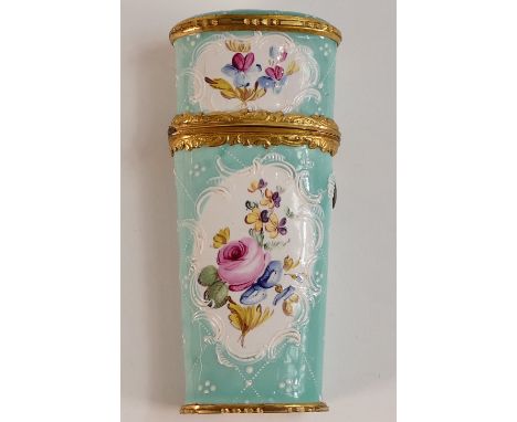 18th century Bilston enamel and gilt Etui with complete contents. Decorated with teal enamel and gilt Rococo cartouche contai