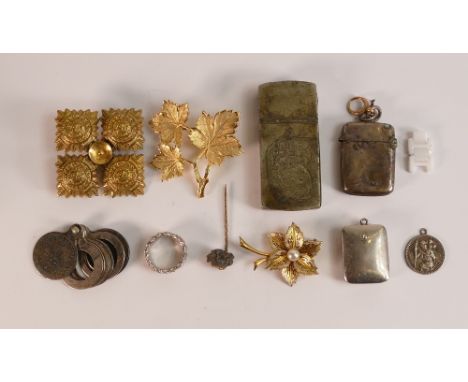 A Collection Of items including WW2 British Army Tria juncta in uno Brooch,silver vesta case, Silver St Christopher, cigarett