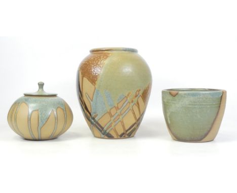 Graham Glynn, Three Studio Pottery Items includes one baluster form lipped vase, lidded squat pot and small cache pot (3)