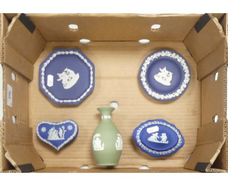 Wedgwood, A Small Collection of Jasperware items including Two Dip Blue Lidded Trinket Boxes, Dark Blue Jasperware Dishes, Sa