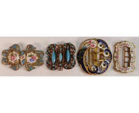 Four 19th century Enamel buckles, including Champleve example. Three painted with floral sprays and motifs and another with m