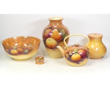 Selection of Adagio Originals Fine Bone China to include Fruit Decorated and Gilt Edged Teapot, Fruit Bowl, Vase, Trinket Box